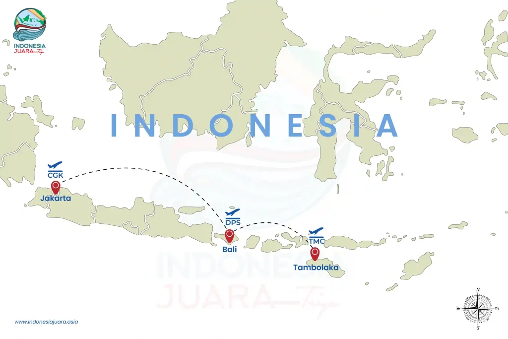 MAP JAKARTA to SUMBA (TAMBOLAKA) VIA BALI