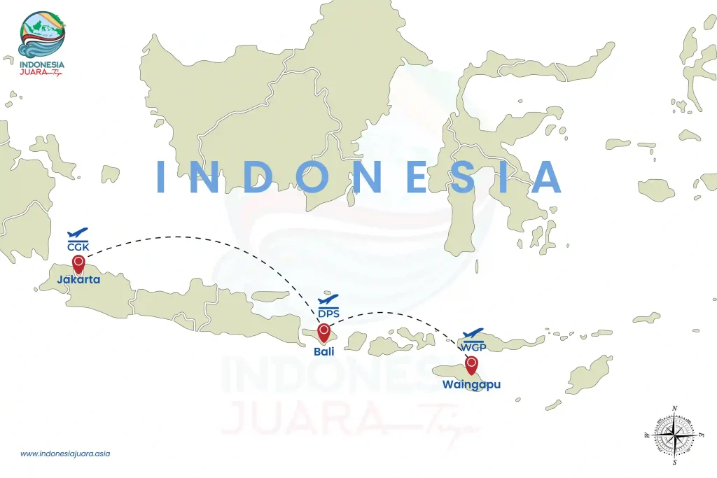 MAP JAKARTA to SUMBA (WAINGAPU) via BALI