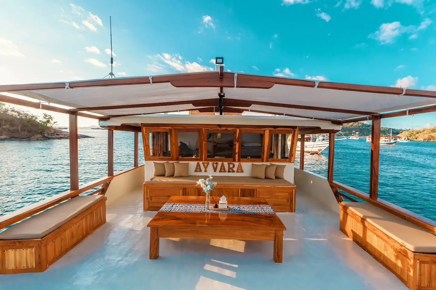 Ayvara Cruises Phinisi Boat Charter | Ayvara Cruises Shaded Sundeck | Indonesia Juara Trip