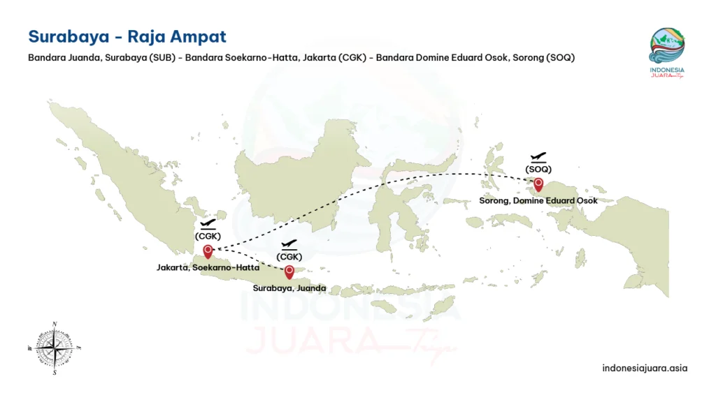 Maps dari Surabaya ke Raja Ampat via Jakarta | IndonesiaJuara Trip