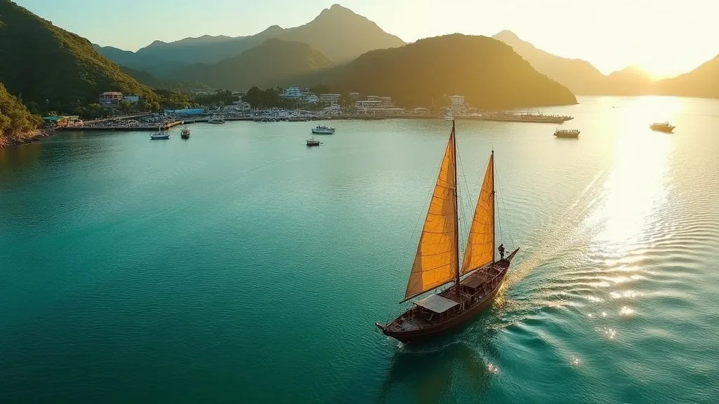 Kapal phinisi berlayar tenang meninggalkan pelabuhan Labuan Bajo pada sore hari, dengan perbukitan Flores dan kota yang beraktivitas normal di latar belakang