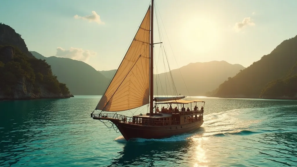 Kapal phinisi liveaboard berlayar di perairan Taman Nasional Komodo dekat Labuan Bajo pada sore hari