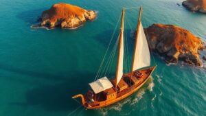 Kapal phinisi berlayar di Taman Nasional Komodo saat golden hour